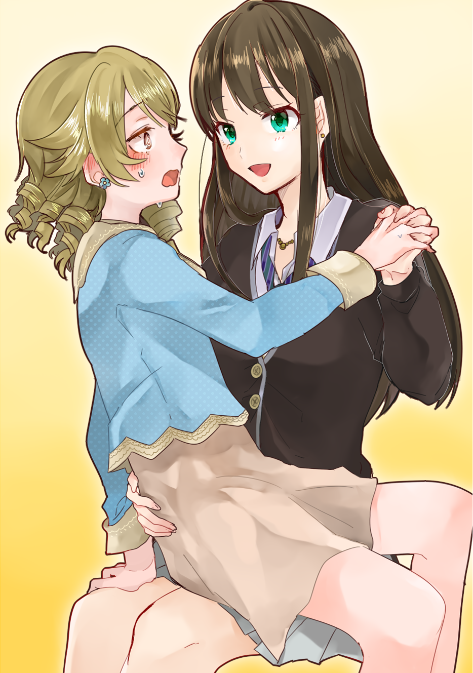 2girls @_@ black_cardigan blush brown_hair brown_skirt cardigan drill_hair earrings eye_contact facing_another feet_out_of_frame flower_earrings gradient_background green_eyes hand_on_another's_waist highres holding_hands idolmaster idolmaster_cinderella_girls interlocked_fingers invisible_chair jewelry keita_wiz long_hair looking_at_another morikubo_nono multiple_girls open_collar open_mouth pleated_skirt polka_dot polka_dot_shirt school_uniform shibuya_rin shirt simple_background sitting sitting_on_person skirt smile straight_hair sweatdrop very_long_hair yellow_background yuri