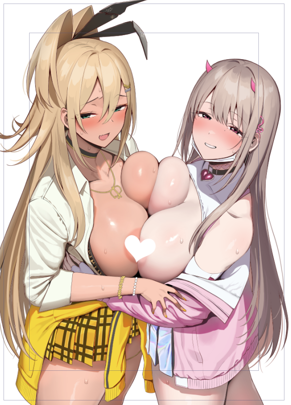 2girls amano_don blonde_hair blush bracelet breast_press breasts breasts_out censored choker clothes_around_waist dark-skinned_female dark_skin earrings fang fishnet_pantyhose fishnets goddess_of_victory:_nikke green_eyes gyaru half-closed_eyes heart heart_censor heart_choker hoop_earrings horns jacket jacket_around_waist jewelry large_breasts light_brown_hair long_hair looking_at_viewer miniskirt multiple_girls nipple-to-nipple nipples off_shoulder open_clothes open_jacket open_mouth open_shirt pantyhose parted_lips plaid plaid_skirt pleated_skirt red_eyes rupee_(nikke) skin_fang skirt smile standing straight_hair sweat symmetrical_docking viper_(nikke)