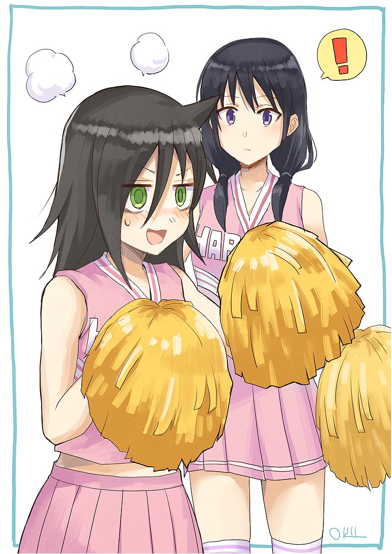 ! 2girls bags_under_eyes black_hair blush cheerleader closed_mouth clothes_writing commentary english_commentary green_eyes holding holding_pom_poms kneehighs kuroki_tomoko long_hair looking_at_another looking_to_the_side low_twintails midriff_peek miniskirt multiple_girls okiru open_mouth pink_shirt pink_skirt pleated_skirt pom_pom_(cheerleading) purple_eyes shirt sidelocks signature simple_background skirt sleeveless sleeveless_shirt smile socks speech_bubble spoken_exclamation_mark standing striped striped_socks sweatdrop tamura_yuri twintails watashi_ga_motenai_no_wa_dou_kangaetemo_omaera_ga_warui! white_background