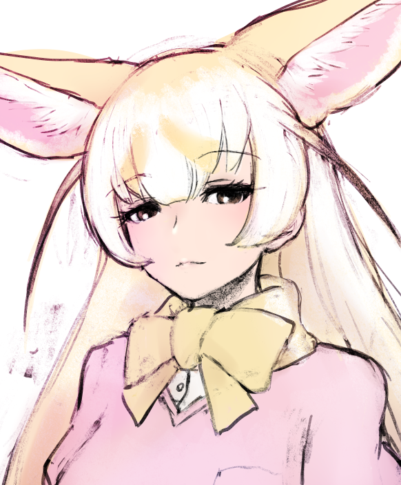 1girl animal_ear_fluff animal_ears black_eyes blonde_hair bow bowtie cardigan closed_mouth extra_ears fennec_(kemono_friends) ise_(0425) kemono_friends long_hair looking_at_viewer pink_cardigan shirt simple_background solo straight_hair upper_body white_shirt yellow_bow yellow_bowtie