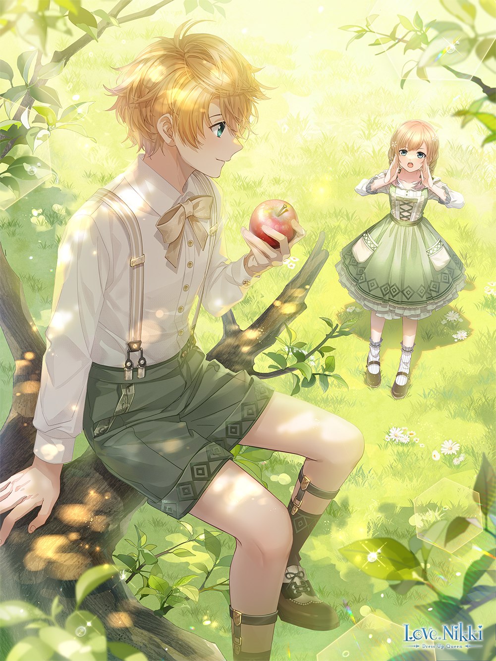 1boy 1girl blue_eyes brother_and_sister brown_footwear copyright_name corset dappled_sunlight day dress english_commentary fingernails flower food fruit grass green_dress green_shorts hair_flower hair_ornament highres holding holding_food holding_fruit leaf looking_at_another looking_down miracle_nikki official_art open_mouth outdoors queen_nanari ribbon royce_(miracle_nikki) shaded_face shadow shirt shorts siblings sitting_on_branch smile sunlight suspenders teeth tree white_shirt yellow_ribbon