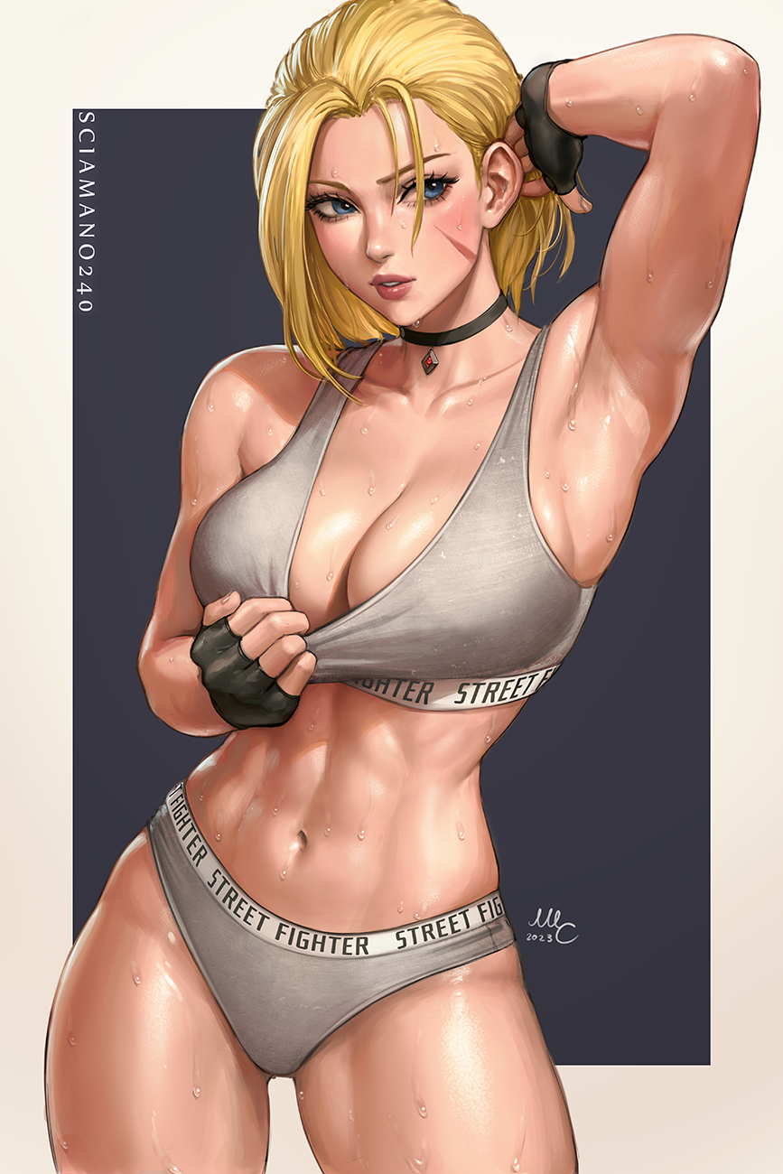 1girl abs ahoge arm_up armpits artist_name blonde_hair blue_eyes breasts cammy_white choker collarbone fingerless_gloves gloves highres large_breasts lips looking_to_the_side midriff panties scar scar_on_cheek scar_on_face sciamano240 signature solo sports_bra street_fighter sweat tank_top thighs underwear wet