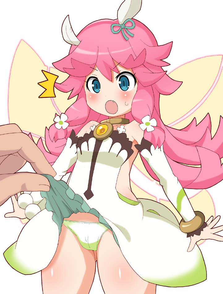1girl 1other :o blue_eyes clothes_lift cowboy_shot detached_sleeves dragalia_lost dress dress_lift fairy fairy_wings fang flower green_dress green_panties hair_flower hair_ornament long_hair notte_(dragalia_lost) open_mouth panties pink_hair shishimaru_ken'ya strapless strapless_dress surprised underwear white_background wings