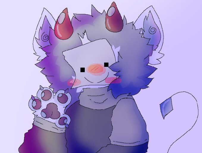 4_fingers anthro blue_body blue_fur blue_hair blue_tail blush claws claws_out clothing curled_tail domestic_cat felid feline felis fingers fur gesture grey_clothing hair horn hybrid male mammal paper pawpads paws shaded simple_background simple_coloring simple_face simple_shading smile smiley_face solo spooz sweater swirls tail tape topwear tuft tufted_ears tufted_fur waving waving_at_viewer