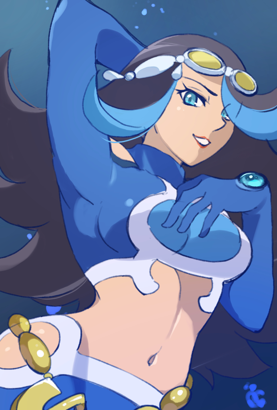 1girl 34_(sanjushi) arm_behind_head black_hair blue_eyes blue_hair breasts crop_top dark-skinned_female dark_skin goggles goggles_on_head highres large_breasts long_hair looking_at_viewer midriff multicolored_hair navel pokemon pokemon_(game) pokemon_oras shelly_(pokemon) sleeves_past_wrists solo two-tone_hair upper_body