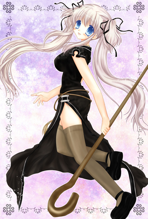1girl 2000s_(style) :d archived_source black_dress black_footwear black_ribbon blue_eyes breasts china_dress chinese_clothes dress floating_hair floral_print grey_hair grey_thighhighs hair_between_eyes hair_ribbon holding holding_staff long_hair mabinogi medium_breasts nao_(mabinogi) open_mouth outline print_dress ribbon shararan shepherd's_crook shoes sidelocks smile solo staff thighhighs twintails very_long_hair white_outline zettai_ryouiki