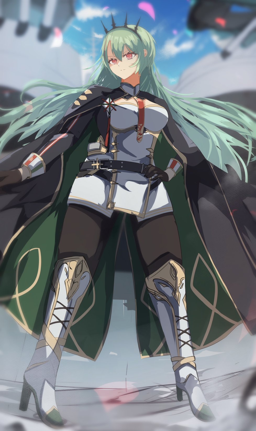 1girl azur_lane belt black_belt black_gloves black_jacket black_pantyhose blue_sky blurry blurry_background boots breasts cropped_jacket cross-laced_footwear dress full_body gloves green_hair hand_on_own_hip hane_(feathe02) high_heel_boots high_heels highres jacket littorio_(azur_lane) long_hair necktie pantyhose petals red_eyes red_necktie rigging sky solo tiara white_dress white_footwear