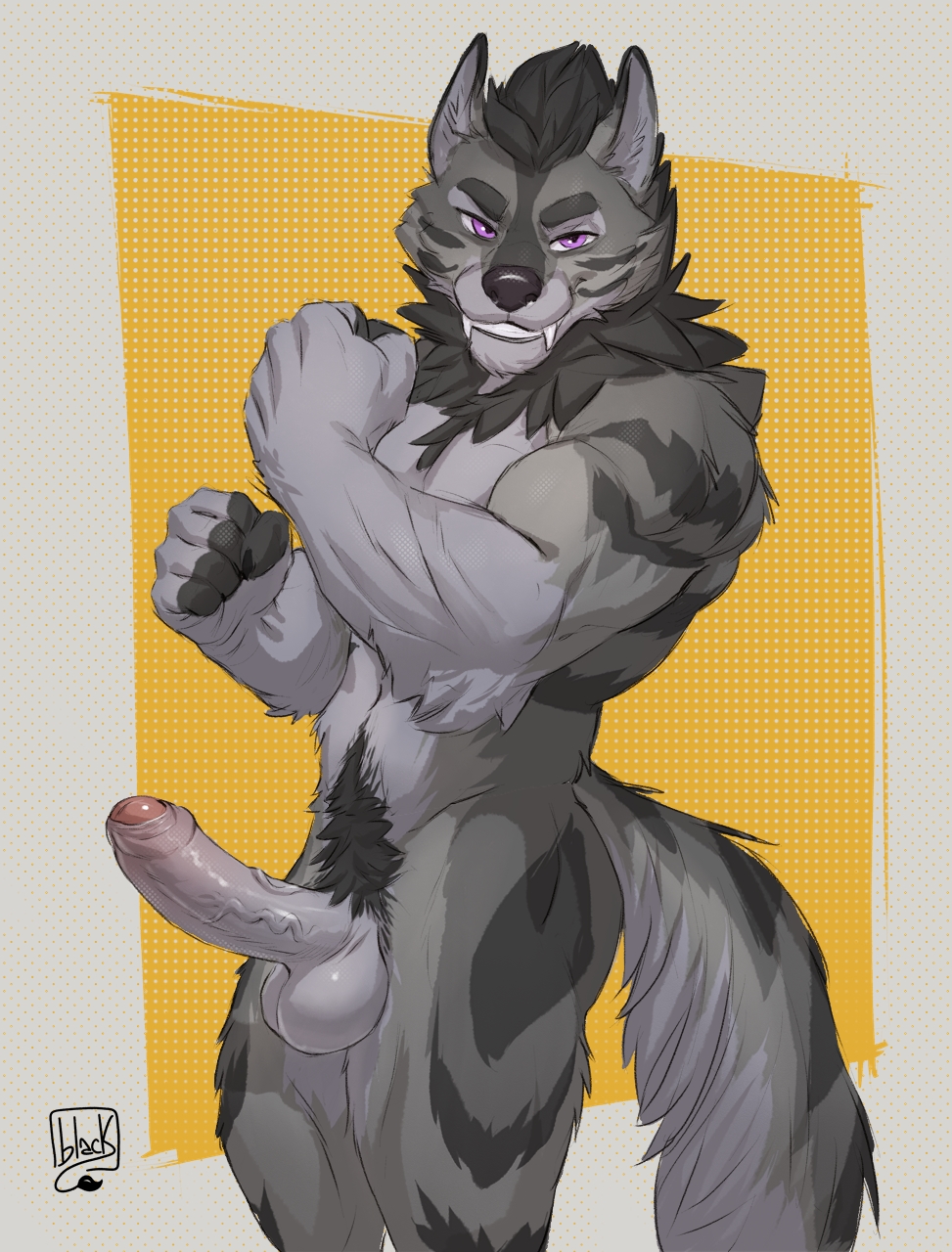 alex_nightmurr anthro biceps black_body black_fur bulge canid canine canis erection flexing foreskin fraternity fur genitals hi_res jock lion21 male mammal muscular penis pubes purple_eyes sketch smile smirk solo story story_in_description sweatpants wolf