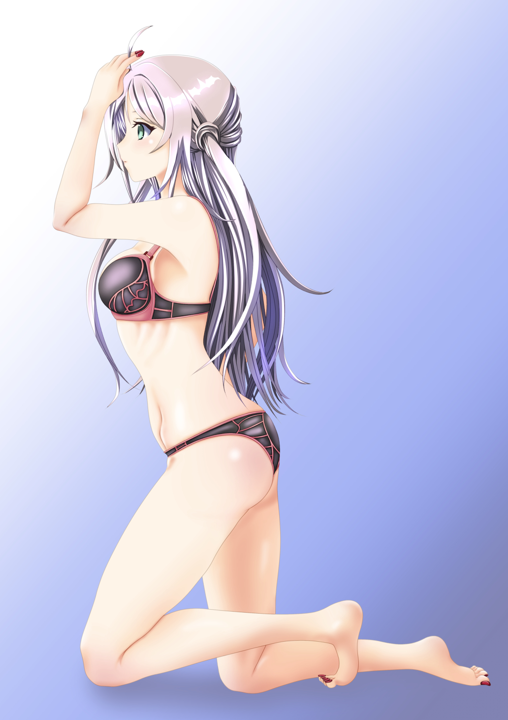 1girl ahoge arm_up barefoot black_bra black_panties blue_background blue_eyes bra breasts closed_mouth commentary_request from_side full_body gradient_background grey_hairband hairband hand_in_own_hair highres jou_(circlemay) kneeling light_frown long_hair looking_to_the_side love_live! love_live!_nijigasaki_high_school_idol_club medium_breasts nail_polish navel panties partial_commentary print_bra print_panties solo toenail_polish toenails underwear underwear_only zhong_lanzhu