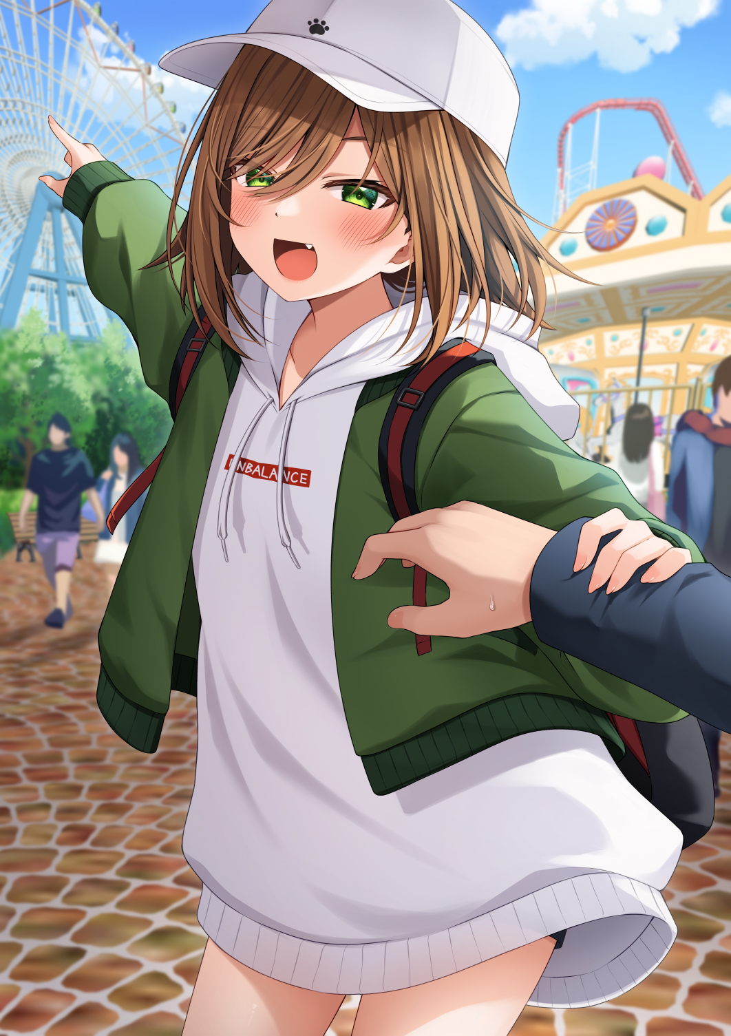 2girls 3boys :d arm_grab baseball_cap blue_sky blush brown_hair cloud commentary_request day drawstring fang ferris_wheel green_eyes green_jacket hair_over_one_eye haru_(kuzuyu) hat highres hood hood_down hoodie jacket komori_kuzuyu long_hoodie long_sleeves looking_at_viewer multiple_boys multiple_girls open_clothes open_jacket original outdoors outstretched_arm puffy_long_sleeves puffy_sleeves sky sleeves_past_wrists smile solo_focus white_headwear white_hoodie