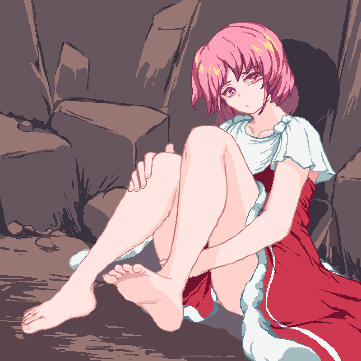 1girl bare_legs barefoot collarbone dress frilled_sleeves frills head_tilt highres nukekip pink_eyes pink_hair pixel_art red_dress rock sara_(touhou) short_sleeves sitting soles solo toes touhou touhou_(pc-98)