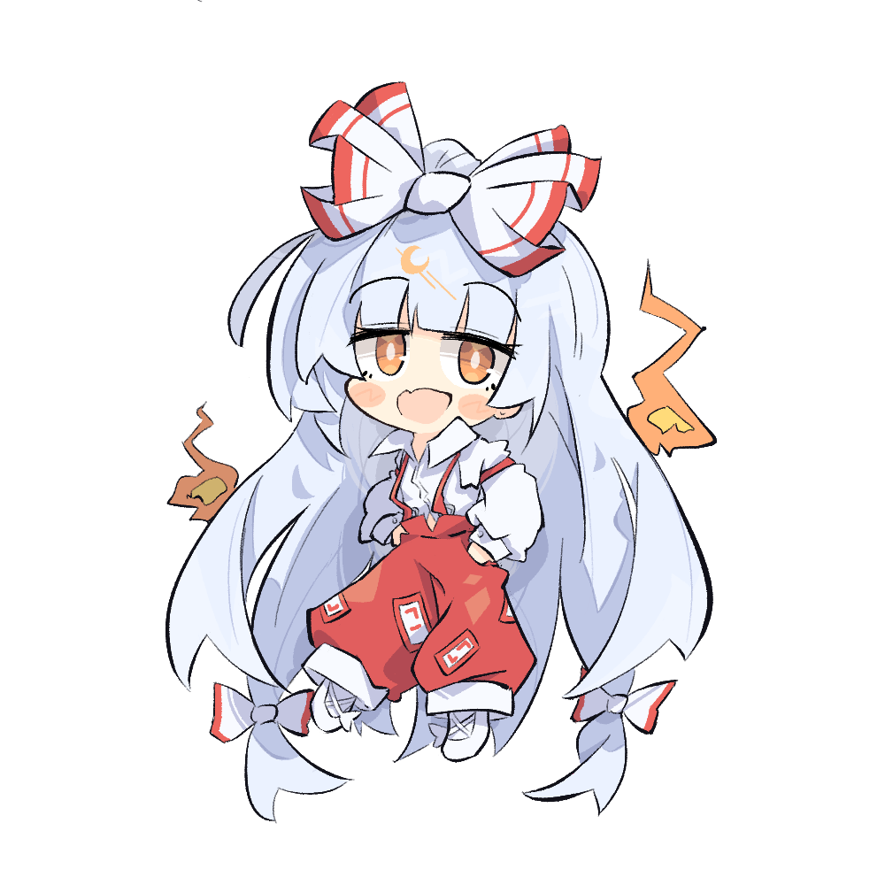 1girl blunt_bangs blush bow chibi collared_shirt fang fire flats floating fujiwara_no_mokou green_eyes hair_bow hands_in_pockets long_hair long_sleeves looking_at_viewer multicolored_bow ofuda ofuda_on_clothes open_mouth pants primsla puffy_long_sleeves puffy_sleeves red_bow red_pants shirt sidelocks simple_background skin_fang solo split_mouth suspenders touhou very_long_hair white_background white_bow white_footwear white_hair white_shirt