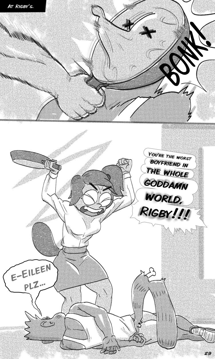 angry anthro beaten beaten_up beaver black_and_white bonk_(sound_effect) bottomwear broken_tail cartoon_network clothing comic cookware duo eileen_roberts english_text family_guy_death_pose female frying_pan hi_res infidelity jackofak kitchen_utensils male mammal monochrome motion_lines procyonid raccoon regular_show rigby_(regular_show) rodent shirt skirt text tools topwear x_eyes