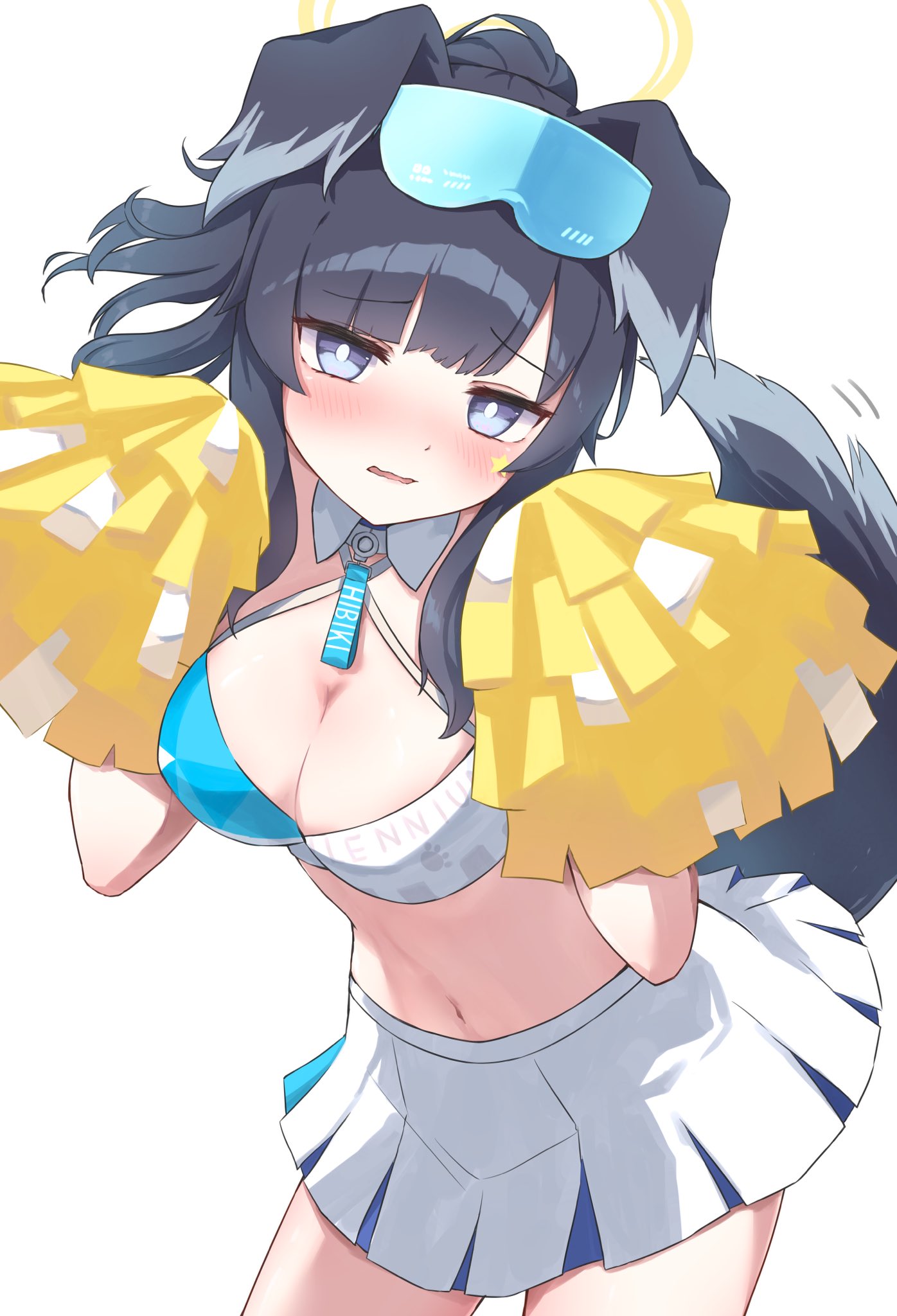 1girl animal_ears bent_over black_hair blue_archive breasts character_name cleavage commentary_request criss-cross_halter detached_collar dog_ears dog_girl dog_tail droopy_ears eyewear_on_head facial_tattoo hair_between_eyes halo halterneck hibiki_(blue_archive) hibiki_(cheer_squad)_(blue_archive) highres holding holding_pom_poms long_hair looking_at_viewer millennium_cheerleader_outfit_(blue_archive) minazuki_(uraha246) navel official_alternate_costume official_alternate_hairstyle pleated_skirt pom_pom_(cheerleading) ponytail purple_eyes sidelocks simple_background skirt sleeveless solo star_tattoo stomach sunglasses tail tattoo two-tone_skirt white_background white_skirt