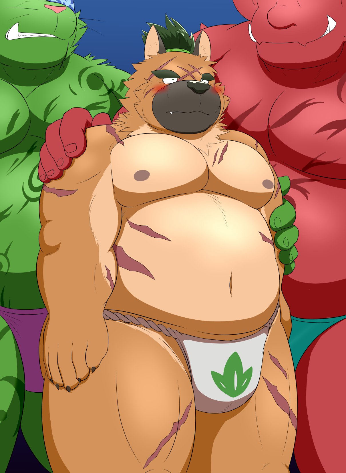 anthro aosano_tenpura asian_clothing belly blush brown_body brown_fur canid canine canis clothing demon domestic_dog east_asian_clothing fire_baron fundoshi fur green_body green_fur group hi_res imminent_sex japanese_clothing lifewonders male male/male mammal musclegut nipples pecs red_body scar tokyo_afterschool_summoners topknot trio underwear wood_baron yasuyori