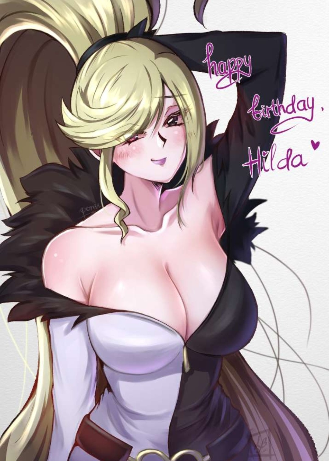 1girl bare_shoulders black_eyes blonde_hair breasts cleavage dated dress fur_trim happy_birthday heterochromia high_ponytail highres hilda_(under_night_in-birth) large_breasts long_dress long_hair looking_at_viewer nail_polish ponytail solo swept_bangs very_long_hair