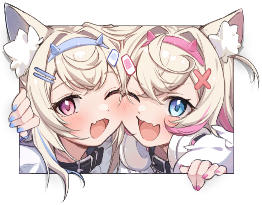 2girls animal_ear_fluff animal_ears belt_collar black_collar black_jacket blue_eyes blue_hair blue_nails blush collar dog_ears dog_girl fang fur-trimmed_jacket fur_trim fuwawa_abyssgard hair_ornament hairpin hololive hololive_english jacket long_hair looking_at_viewer medium_hair mococo_abyssgard multicolored_hair multiple_girls nail_polish one_eye_closed open_mouth pink_eyes pink_hair pink_nails siblings sisters skin_fang smile streaked_hair transparent_background twins virtual_youtuber vyolfers x_hair_ornament