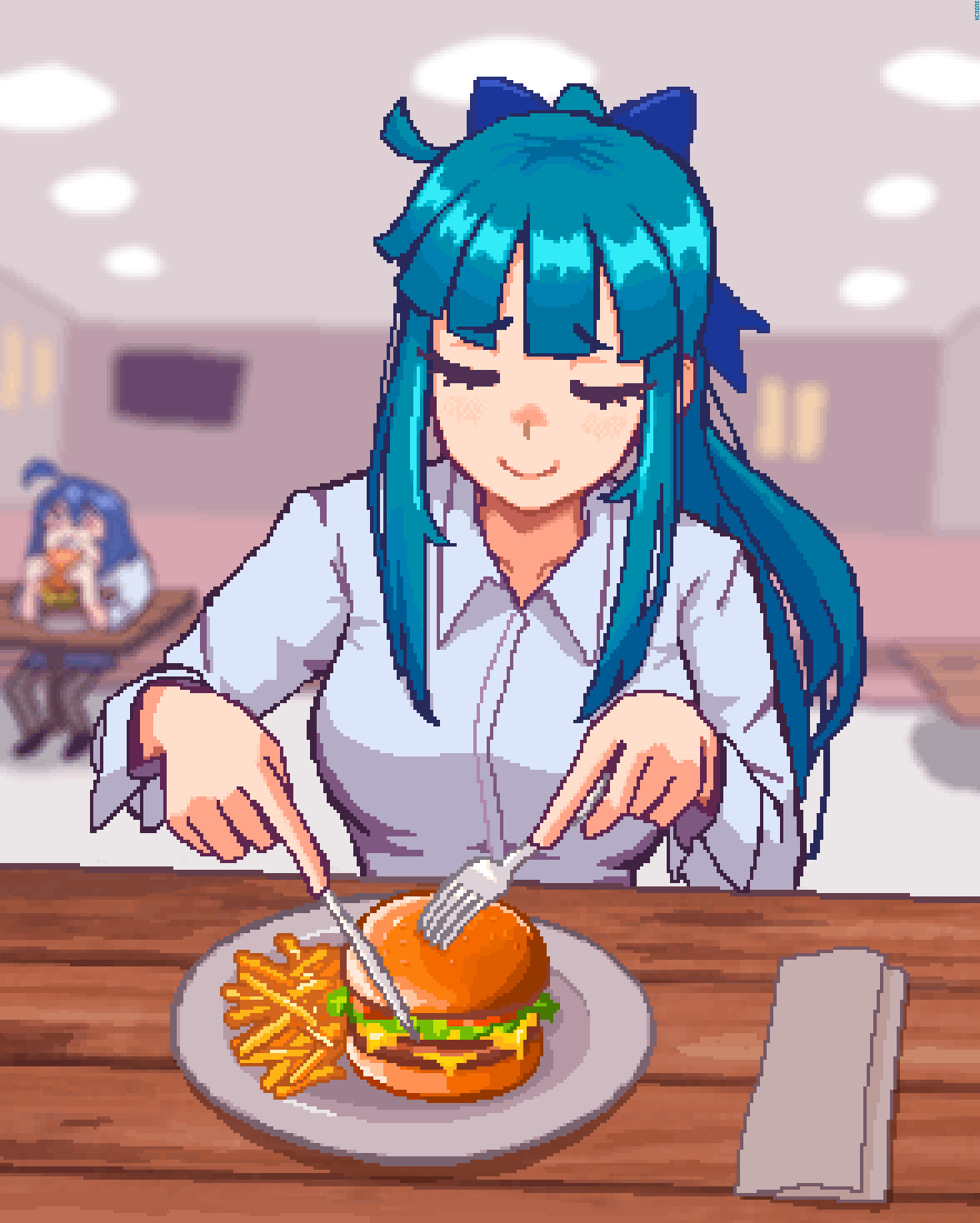 2girls aqua_hair blue_bow blue_hair bow burger closed_eyes closed_mouth collared_shirt commentary facing_viewer food french_fries hair_bow hcnone highres holding_utensil indoors long_sleeves multiple_girls office_lady original paper_towel penny_(hcnone) pixel_art plate ponytail shirt sidelocks skye_(hcnone) slicing smile solo_focus symbol-only_commentary table upper_body white_shirt wooden_table