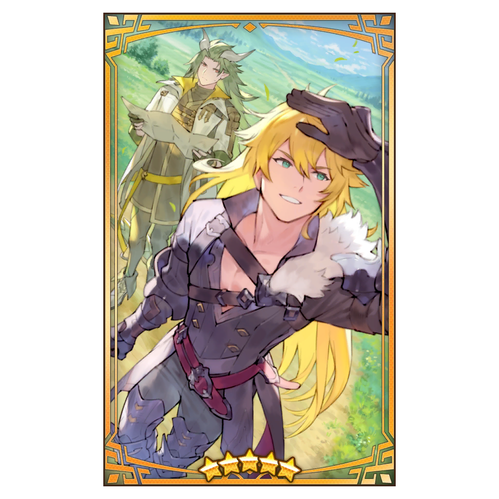 2boys alberius_(dragalia_lost) blonde_hair chest_strap clenched_hand dirt_road dragalia_lost dragon_boy dragon_horns gloves grass green_eyes green_hair hand_on_own_face holding holding_map horns humanoid_midgardsormr_(dragalia_lost) looking_at_another looking_up male_focus map mountain multiple_boys official_art partially_fingerless_gloves pectoral_cleavage pectorals pointy_ears red_eyes road smile star_(symbol) tree walking zhuzi