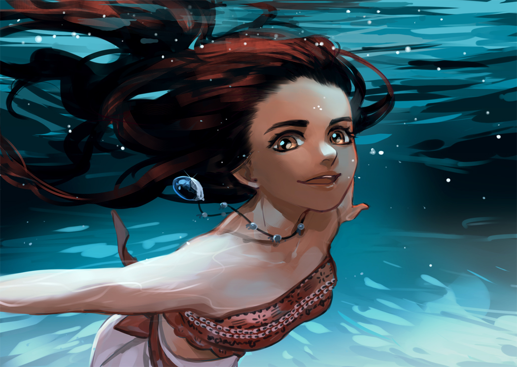 1girl blue_gemstone brown_eyes brown_hair crystal_necklace english_commentary eyelashes floating_hair gem isal_(lasi) jewelry long_hair midriff moana_(movie) moana_waialiki necklace open_mouth sketch skirt solo swimming tan teeth underwater upper_teeth_only white_skirt