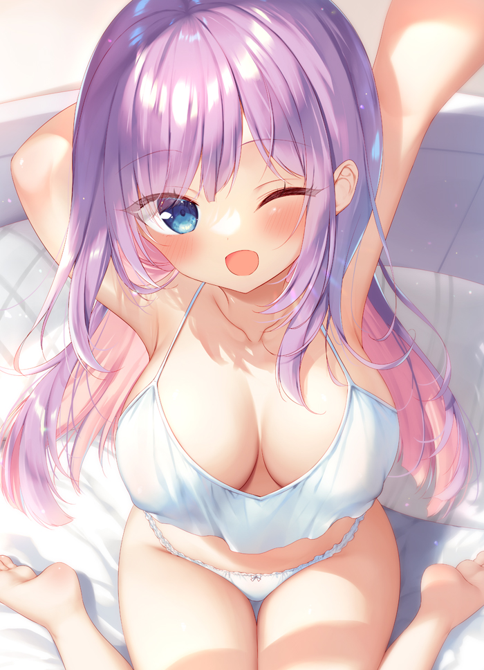 1girl arched_soles arm_behind_head arm_up armpits bare_arms bare_legs barefoot bed_sheet blue_eyes blush bow bow_panties breasts collarbone colored_inner_hair commentary feet fisheye frilled_panties frills from_above large_breasts legs long_hair looking_at_viewer morning multicolored_hair one_eye_closed open_mouth original panties pink_hair purple_hair raised_eyebrows sazaki_ichiri shirt_overhang sitting smile solo swept_bangs tank_top thighs toes two-tone_hair underwear wariza white_panties white_tank_top