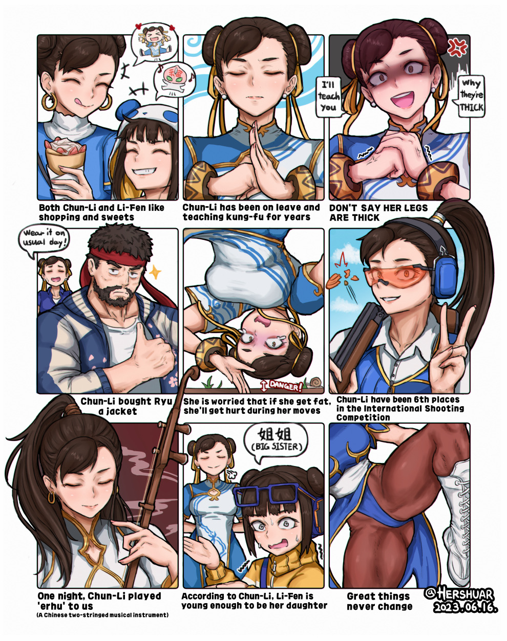1boy 2girls @_@ alternate_hairstyle anger_vein beard boots breasts brown_eyes brown_hair brown_pantyhose chun-li clenched_hand closed_eyes commentary dated double_bun earrings english_commentary erhu facial_hair hair_bun headband hershuar highres hoop_earrings instrument jewelry knee_boots li-fen medium_breasts multiple_girls muscular muscular_female music pantyhose playing_instrument ponytail red_headband ryu_(street_fighter) shaded_face sparkle standing standing_on_one_leg street_fighter street_fighter_6 tears thick_thighs thighs thumbs_up trembling twitter_username