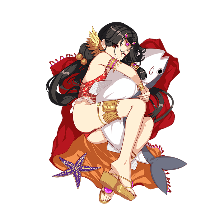 1girl anklet armlet bare_shoulders black_hair bracelet fish full_body hair_ornament honkai_(series) honkai_impact_3rd jewelry jixuanyuan long_hair official_art one-piece_swimsuit one_eye_closed orange_eyes red_one-piece_swimsuit sandals starfish swimsuit thighlet third-party_source