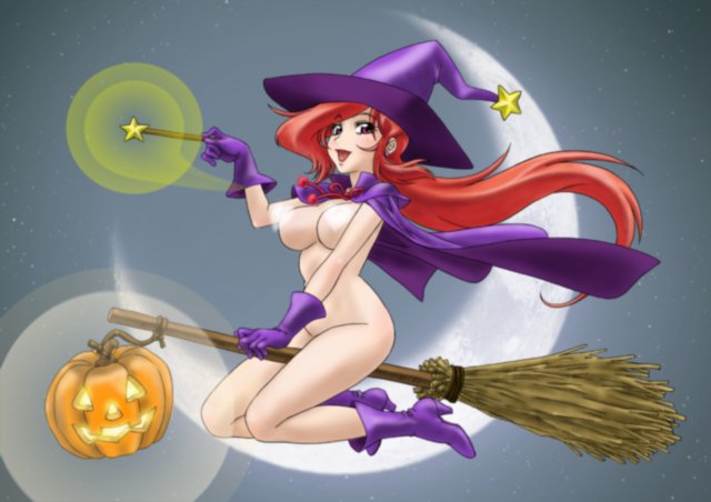1girl boots breasts broom cape censored commentary_request crescent_moon gloves hat heart heart_censor high_heel_boots high_heels holding holding_broom holding_wand jack-o'-lantern kanno_natsumi large_breasts long_hair moon nude purple_cape purple_eyes purple_gloves red_hair solo star_(symbol) star_jewel wand witch_hat yoshiten
