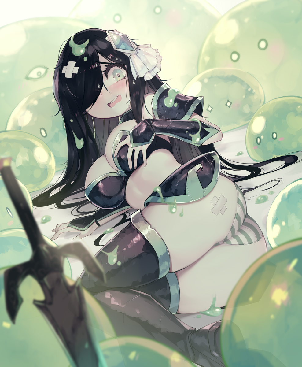 1girl aria_wintermint armor ass bandaid bandaid_on_ass bare_shoulders black_footwear black_hair black_thighhighs breasts cleavage d: gem green_eyes hair_ornament hair_over_one_eye highres large_breasts long_hair looking_at_viewer open_mouth panties parororo shoulder_plates slime_(creature) solo striped striped_panties sword teeth the_crawling_city thighhighs underwear upper_teeth_only weapon