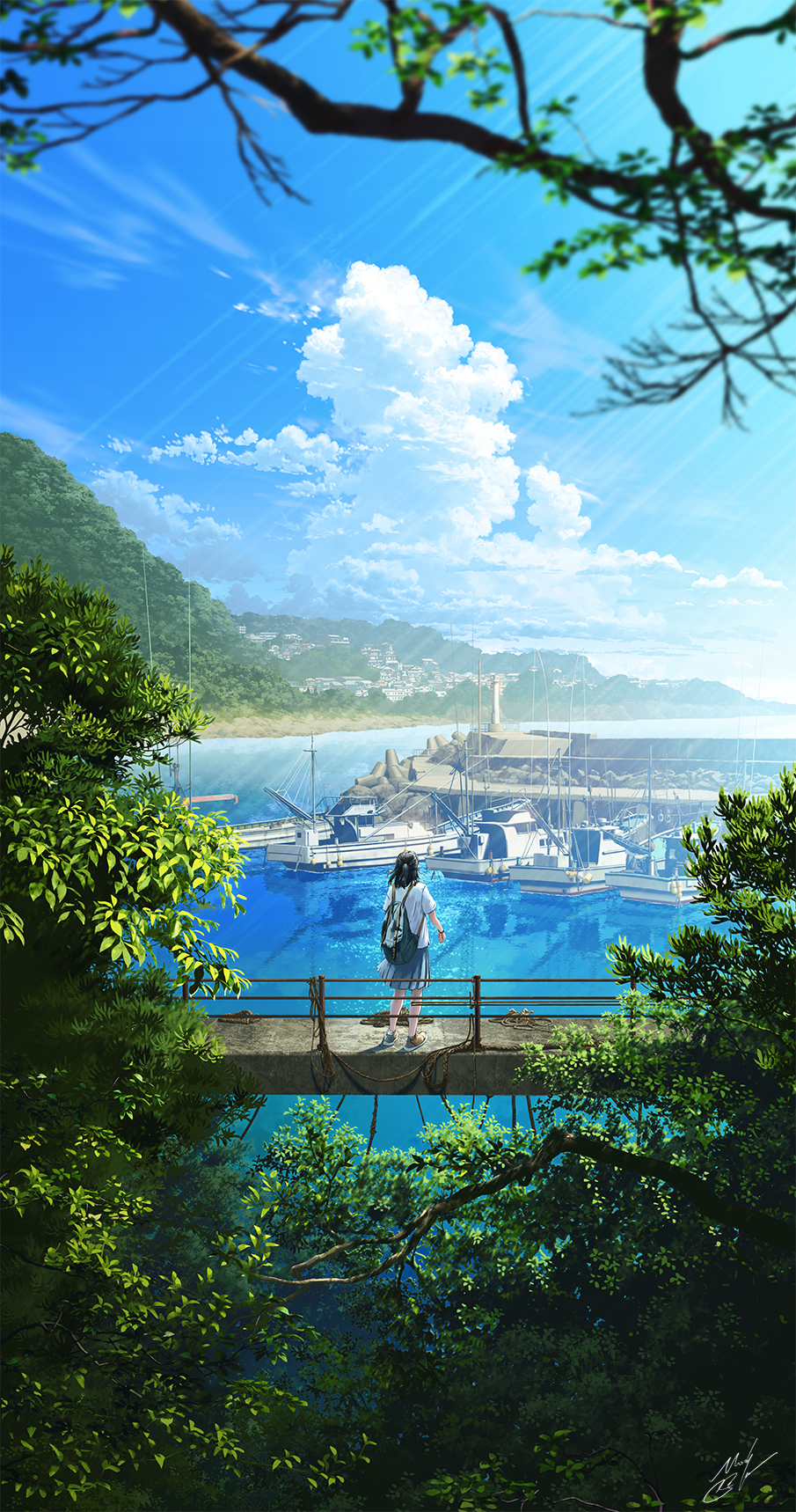 1girl backpack bag black_hair blue_skirt blue_sky cloud day from_behind full_body harbor highres medium_hair mocha_(cotton) ocean original outdoors pleated_skirt rope scenery ship shirt skirt sky solo standing tree water watercraft white_shirt