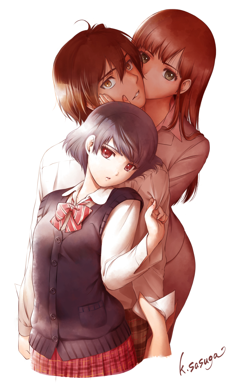 1boy 2girls artist_name blue_hair blue_sweater_vest brown_hair clothes_grab collared_shirt domestic_na_kanojo fujii_natsuo green_eyes highres kiss kissing_cheek long_hair looking_at_viewer multiple_girls pants parted_lips plaid plaid_pants plaid_skirt red_eyes sasuga_kei shirt short_hair simple_background skirt sleeve_grab sweater_vest tachibana_hina tachibana_rui white_background white_shirt yellow_eyes