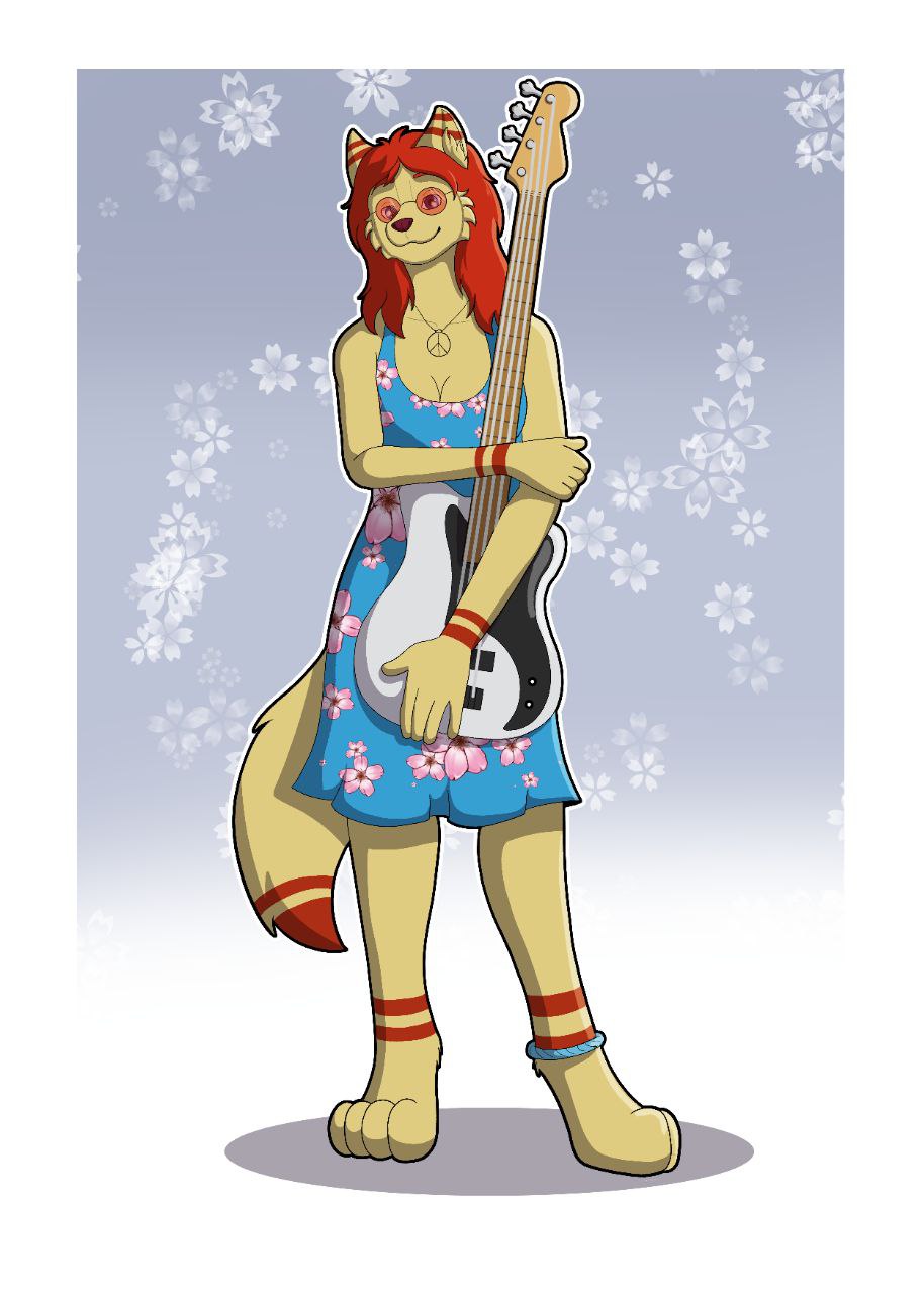 ankle_band anthro bass_guitar biped blue_clothing blue_dress blue_eyes canid canine clothed clothing digital_media_(artwork) dress eyewear female fennec fox full-length_portrait fully_clothed fur guitar hair hi_res hippie jewelry mammal markings musical_instrument necklace peace_symbol pinup plucked_string_instrument portrait pose red_hair red_markings rutan_qilin scarlet_(spring_grove) simple_background smile solo string_instrument sunglasses yellow_body yellow_fur