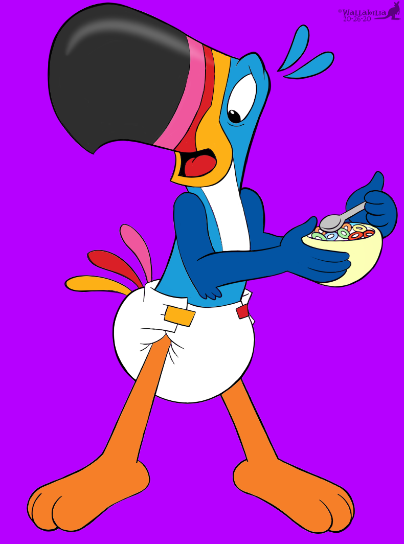 2020 avian beak bird cereal cereal_bowl cheesybear clothed clothing cutlery diaper food froot_loops kellogg's kitchen_utensils looking_down male mascot open_beak open_mouth purple_background shocked_expression simple_background solo spoon surprised_expression tongue tools toucan toucan_sam wearing_diaper