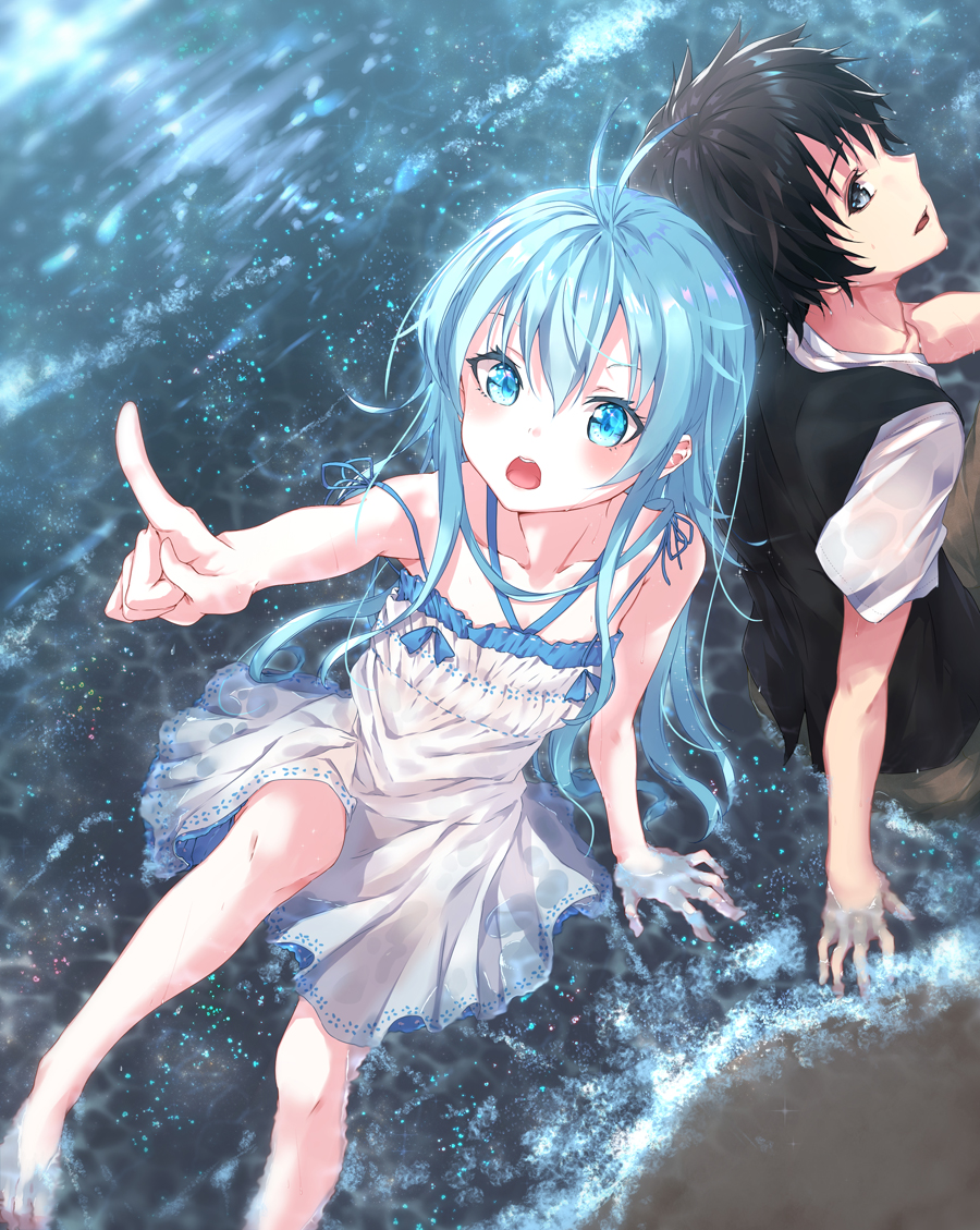 1boy 1girl antenna_hair black_hair blue_eyes blue_hair cousins denpa_onna_to_seishun_otoko dress grey_eyes hair_between_eyes niwa_makoto ocean open_mouth pointing sahara386 short_sleeves sitting sleeveless summer touwa_erio water white_dress