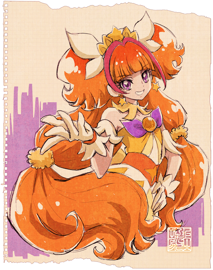 1girl amanogawa_kirara artist_logo commentary_request cure_twinkle dress earrings english_commentary eyelashes gloves go!_princess_precure hair_ornament happy jewelry kamikita_futago long_hair looking_at_viewer magical_girl multicolored_hair official_art orange_dress orange_hair paper_background partial_commentary pink_hair precure purple_eyes signature simple_background smile solo standing star_(symbol) star_earrings streaked_hair twintails two-tone_hair very_long_hair watercolor_background wrist_cuffs