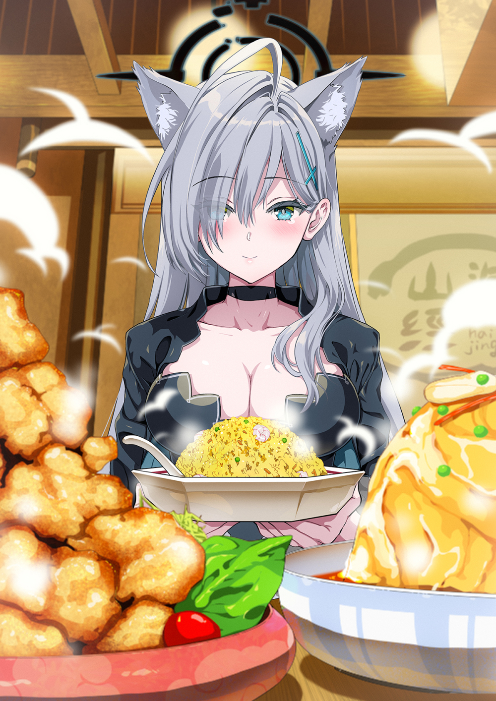 1girl animal_ear_fluff animal_ears aqua_eyes black_choker blue_archive blush breasts choker cleavage closed_mouth collarbone commentary_request cross cross_hair_ornament eyes_visible_through_hair food fried_rice grey_hair hair_ornament hair_over_one_eye halo highres holding indoors inverted_cross kojima_saya large_breasts long_hair looking_at_viewer shiroko_(blue_archive) shiroko_(terror)_(blue_archive) smile solo