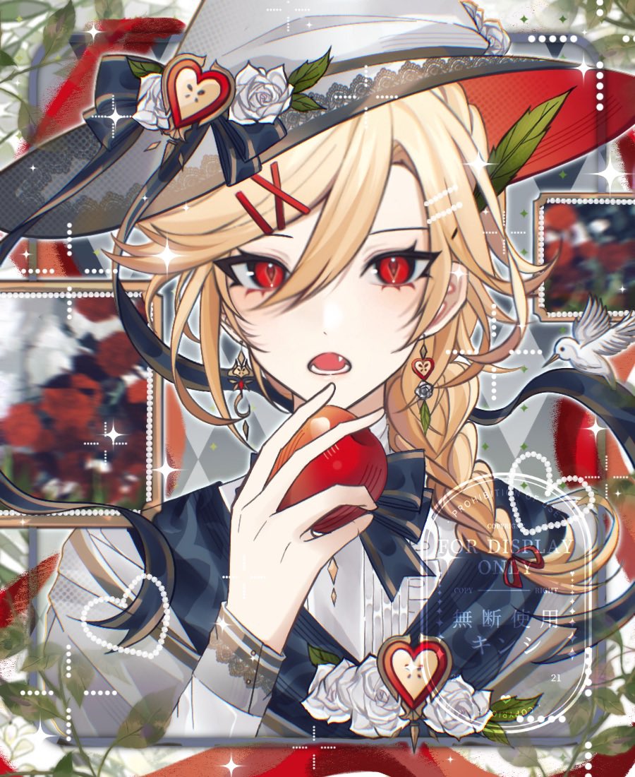 1boy alternate_costume alternate_hairstyle apple bird blonde_hair braid earrings fang flower food fruit genshin_impact hat heart holding holding_food holding_fruit hummingbird jewelry kaveh_(genshin_impact) looking_at_viewer male_focus medium_hair open_mouth red_eyes rose smile solo white_flower white_rose witch_hat xiaoquantaohua
