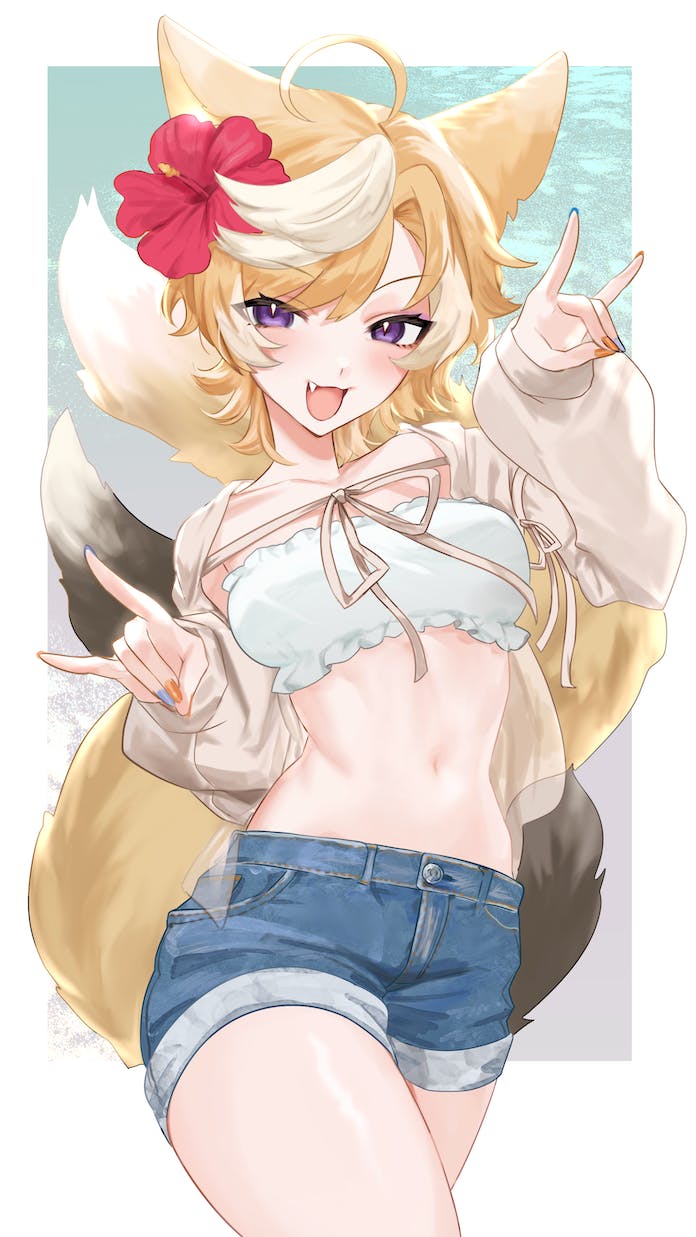 1girl :d ahoge animal_ears black_tail blonde_hair blue_nails blue_shorts blush bright_pupils collarbone commentary_request commission contrapposto cowboy_shot denim denim_shorts double_fox_shadow_puppet eyes_visible_through_hair fang fingernails flower fox_ears fox_girl fox_shadow_puppet fox_tail grey_hair grey_jacket grey_ribbon hair_flower hair_ornament hands_up highres jacket jpeg_artifacts long_sleeves looking_at_viewer midriff multicolored_hair multiple_tails nail_polish nashinoro_kikuri navel open_clothes open_jacket open_mouth orange_nails original puffy_long_sleeves puffy_sleeves purple_eyes red_flower short_hair shorts skeb_commission smile solo standing strapless streaked_hair tail tube_top white_pupils white_tail white_tube_top yellow_tail