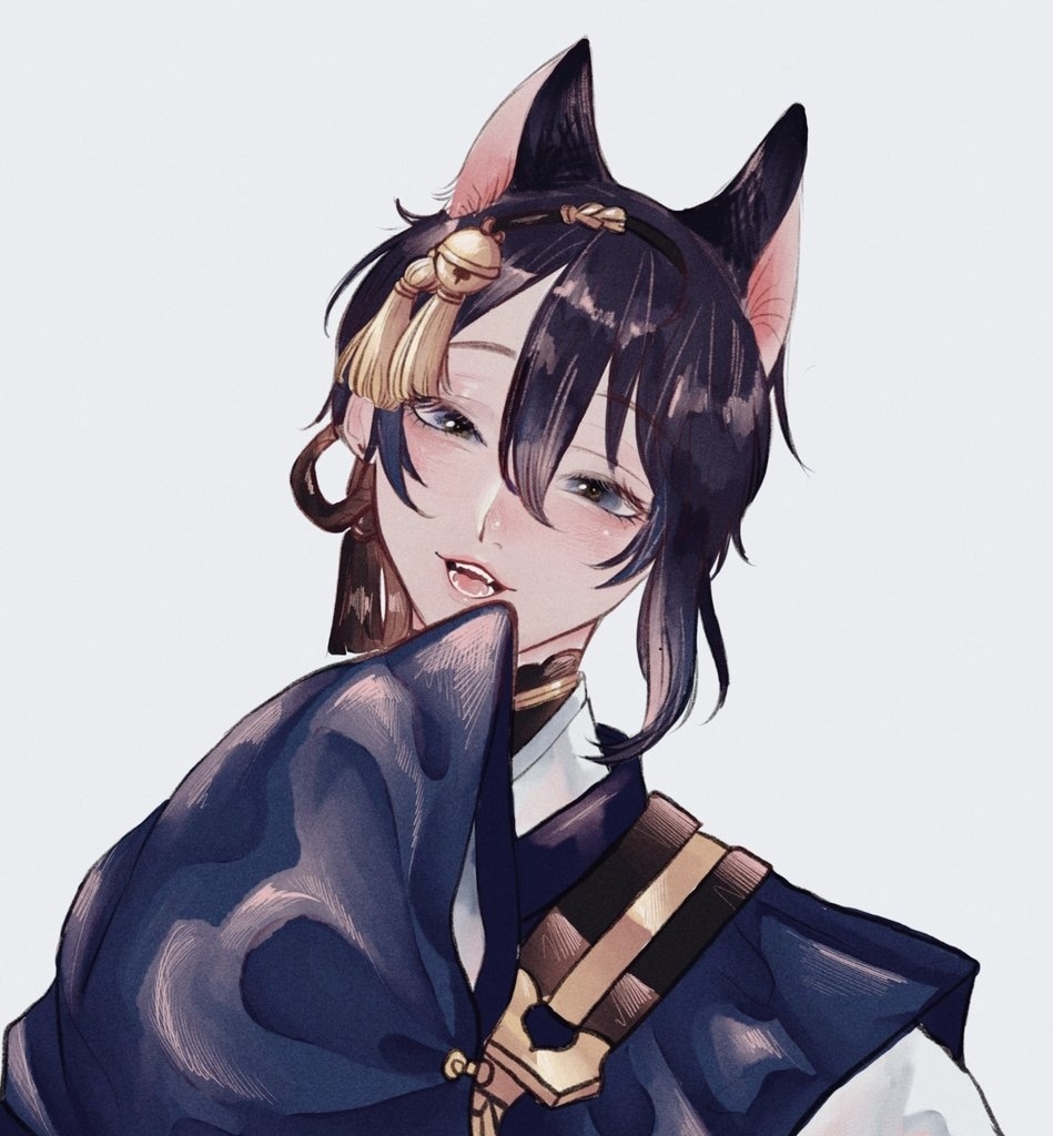 1boy animal_ears asymmetrical_hair bishounen blue_eyes blue_hair blush cat_boy cat_ears dark_blue_hair extra_ears fangs grey_background hair_between_eyes japanese_clothes long_sleeves looking_at_viewer male_focus mikazuki_munechika morimorihonmaru open_mouth short_hair solo tassel teeth touken_ranbu