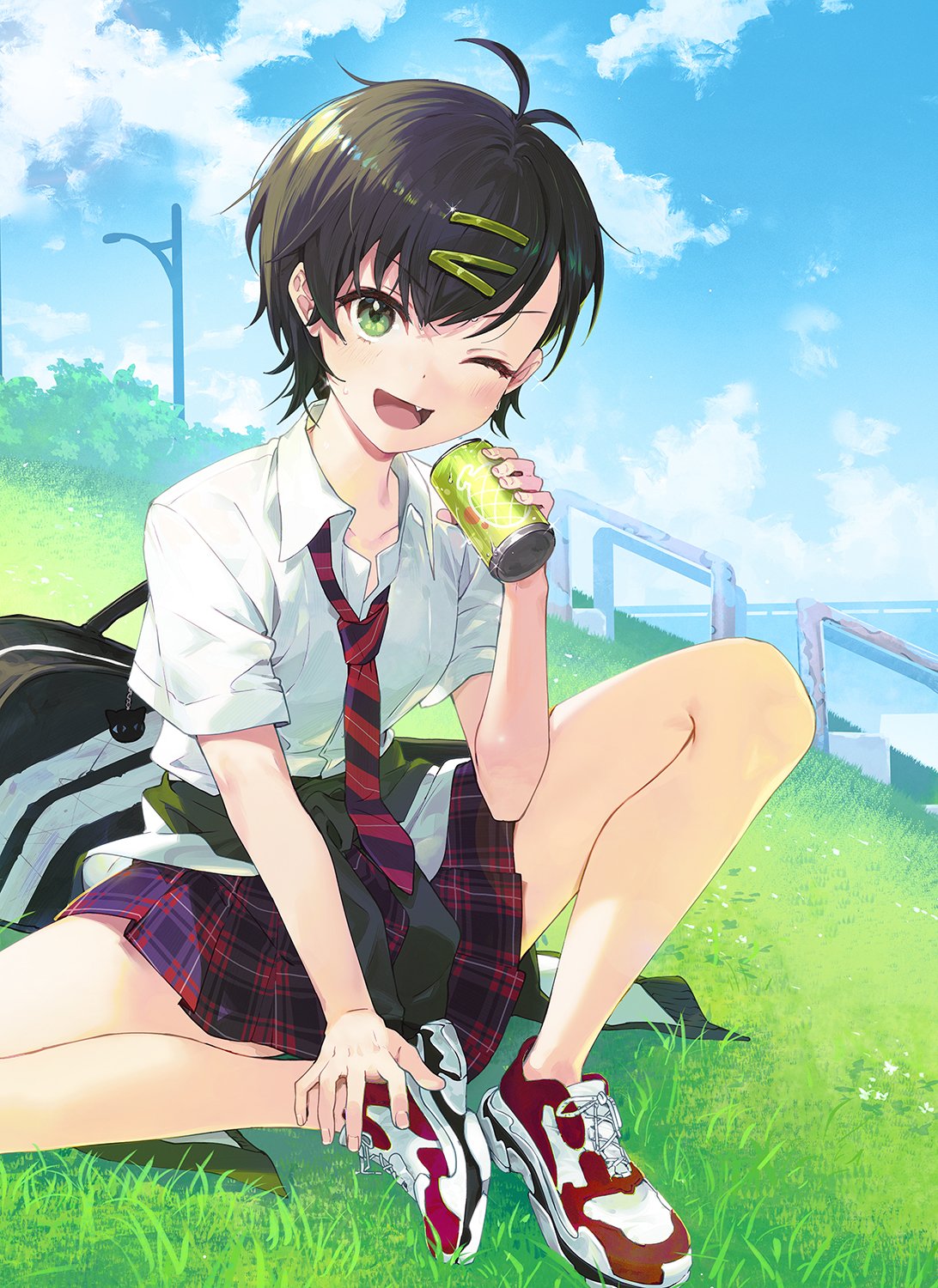 1girl antenna_hair bag black_hair black_sweater bush can character_request cloud collarbone fang grass green_eyes highres holding holding_can lamppost nagu necktie novel_illustration official_art one_eye_closed open_mouth plaid plaid_skirt railing shirt shoes short_hair sitting skirt sky sneakers stairs striped_necktie sweat sweater tenshi_wa_tansan_shika_nomanai tied_sweater white_shirt