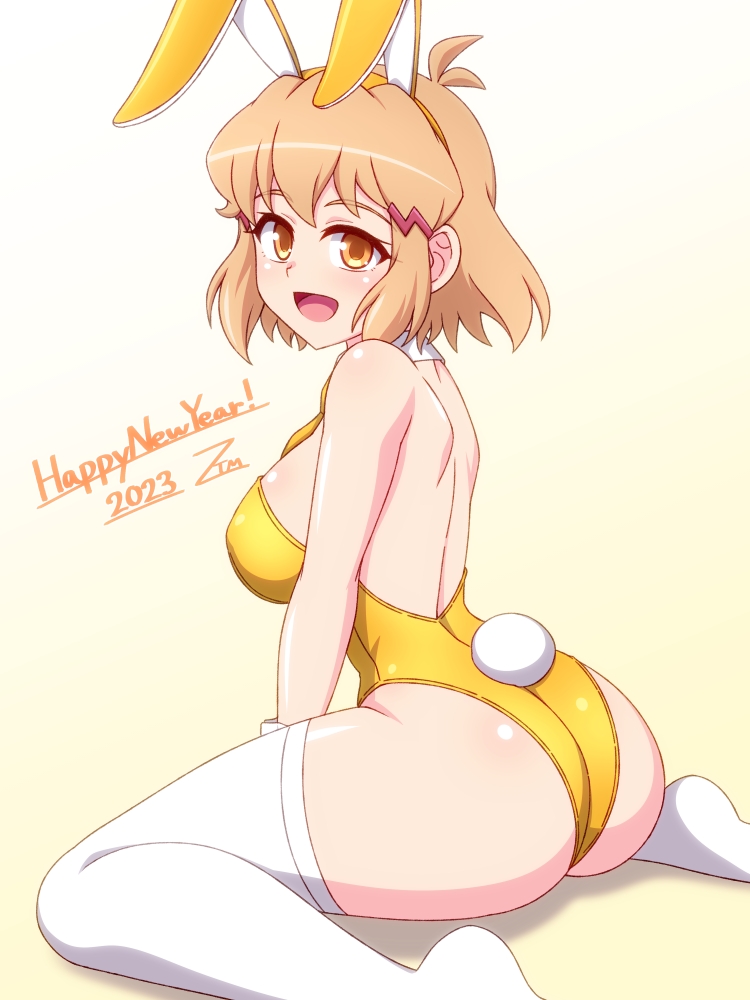 1girl :d animal_ears antenna_hair ass back backless_outfit bare_shoulders bow bowtie breasts fake_animal_ears fake_tail from_side gradient_background hair_ornament hairclip happy_new_year large_breasts leaning_forward leotard light_brown_hair looking_at_viewer looking_to_the_side no_shoes open_mouth orange_eyes playboy_bunny rabbit_tail senki_zesshou_symphogear short_hair sitting smile solo tachibana_hibiki_(symphogear) tail thighhighs turning_head wariza white_thighhighs yellow_background yellow_bow yellow_bowtie yellow_leotard zetsumu