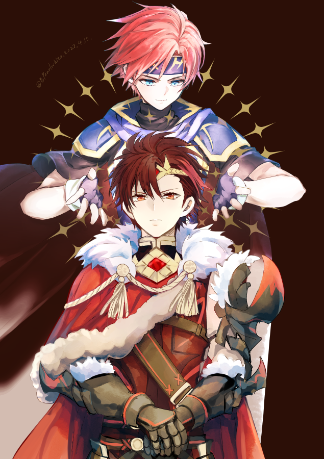 2boys armor blue_eyes cape closed_mouth diamant_(fire_emblem) fingerless_gloves fire_emblem fire_emblem_engage fur_trim gloves headband male_focus multiple_boys red_eyes red_hair roy_(fire_emblem) shoochiku_bai short_hair shoulder_armor simple_background