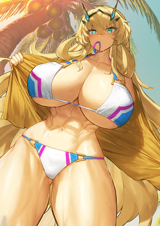 1girl ass ass_visible_through_thighs barghest_(fate) barghest_(swimsuit_archer)_(fate) blonde_hair blush breasts coconut coconut_tree fate/grand_order fate_(series) huge_breasts long_hair looking_at_viewer melon22 muscular muscular_female official_art palm_tree swimsuit thighs tree