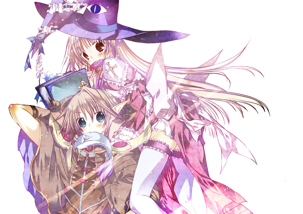 1boy 1girl back_bow blonde_hair blush book bow brown_capelet brown_hair brown_shirt candy capelet commentary_request cross dress eye_print feet_out_of_frame fish fish_in_mouth food frilled_thighhighs frills green_eyes hat high_priest_(ragnarok_online) holding holding_book large_bow lollipop long_hair looking_at_viewer moo_(umineko) pointy_ears print_headwear purple_headwear ragnarok_online red_dress red_eyes sage_(ragnarok_online) shirt short_hair simple_background sleeve_bow thighhighs very_long_hair waist_bow white_background white_bow white_thighhighs witch_hat