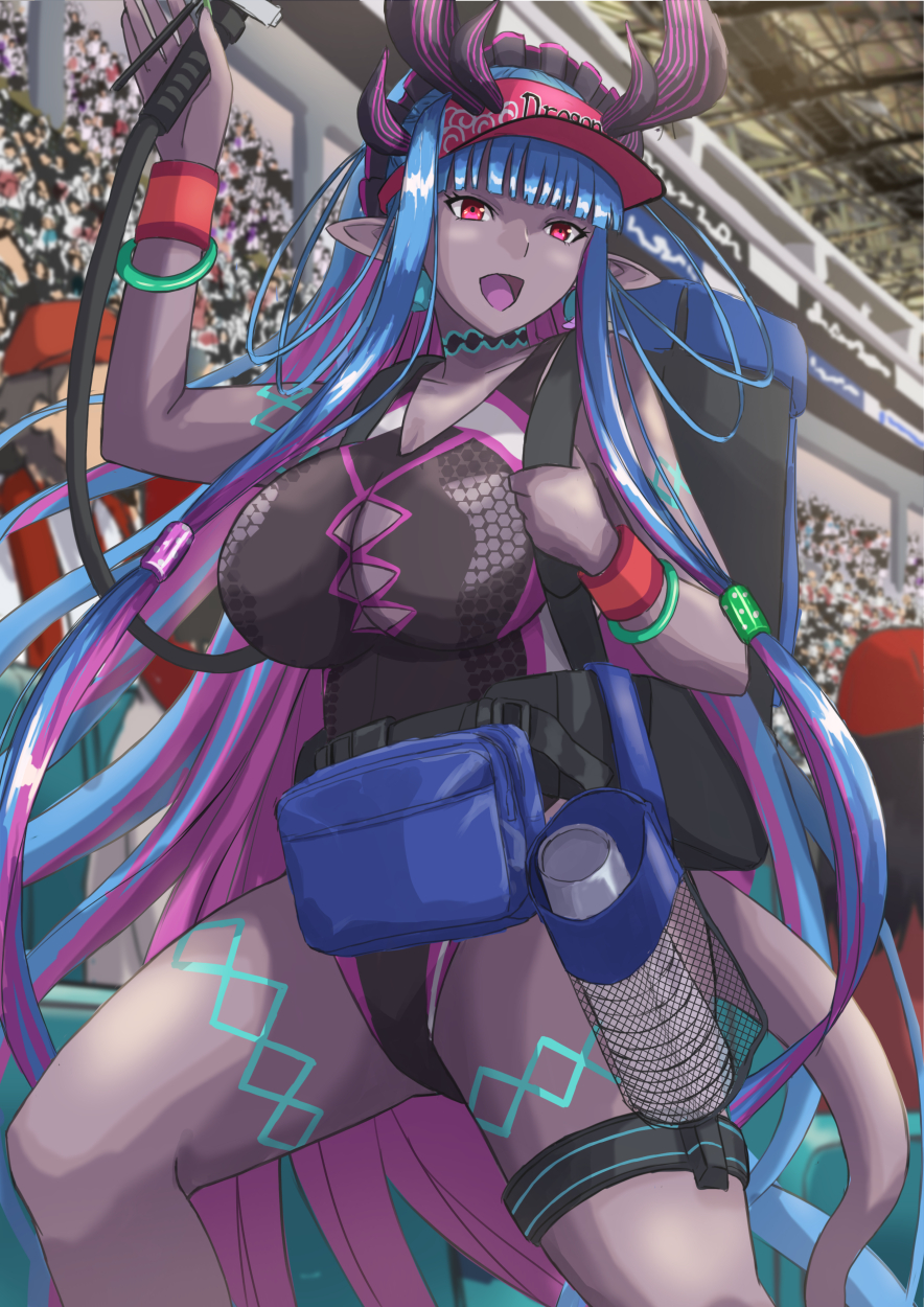 1girl backpack bag bare_shoulders beer_tap black_one-piece_swimsuit blue_hair blush body_markings bracelet breasts cleavage collarbone colored_skin covered_navel cup fate/grand_order fate_(series) grey_skin highleg highleg_swimsuit highres horns hose ibuki_douji_(fate) ibuki_douji_(swimsuit_berserker)_(fate) ibuki_douji_(swimsuit_berserker)_(first_ascension)_(fate) jewelry ksfactory large_breasts long_hair looking_at_viewer multicolored_hair one-piece_swimsuit oni oni_horns open_mouth pink_hair pink_headwear pink_one-piece_swimsuit pointy_ears ponytail pouch red_eyes sidelocks smile solo_focus stadium swimsuit tail thigh_strap thighs two-tone_swimsuit visor_cap wristband