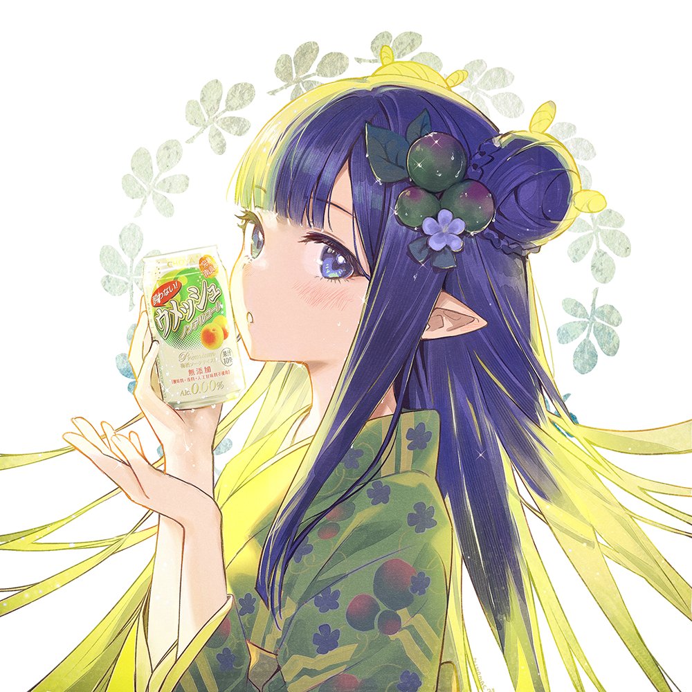 1girl ad alternate_costume blue_eyes commentary english_commentary gradient_hair hololive hololive_english japanese_clothes kimono long_hair looking_at_viewer multicolored_hair ninomae_ina'nis ninomae_ina'nis_(artist) official_alternate_hairstyle pointy_ears purple_hair simple_background solo umeshu virtual_youtuber white_background