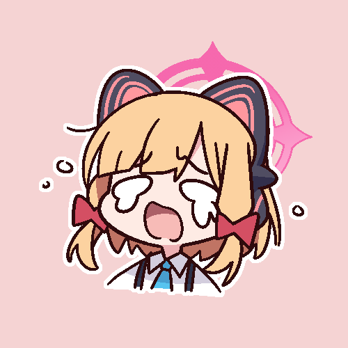 1girl animal_ear_headphones animal_ears blonde_hair blue_archive blue_necktie bow collared_shirt crying crying_with_eyes_open fake_animal_ears hair_bow halo headphones lowres momoi_(blue_archive) nako775 necktie open_mouth pink_background pink_halo red_bow shirt short_hair simple_background solo tears white_shirt