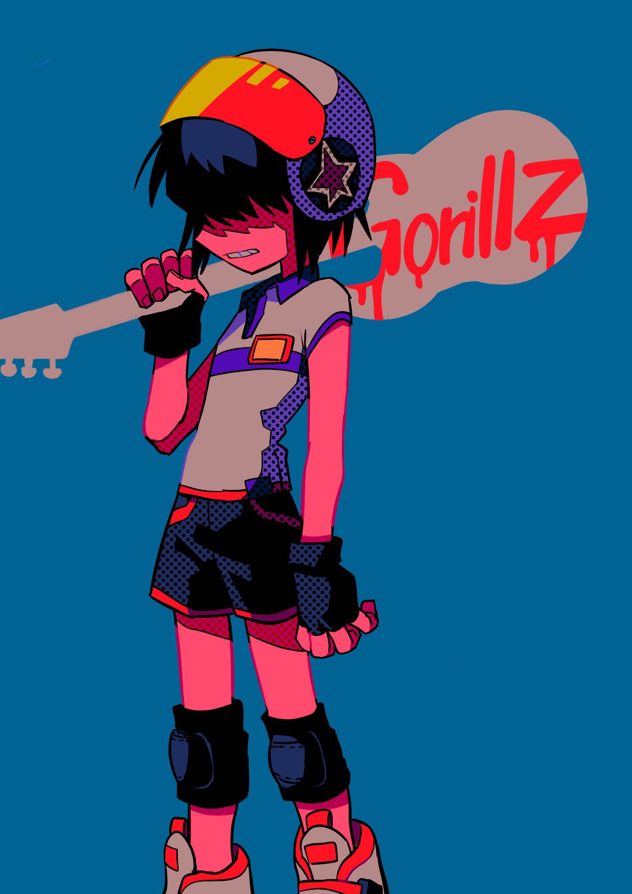 1girl androgynous black_gloves black_shorts blue_background clenched_teeth copyright_name fingerless_gloves gloves gorillaz guitar helmet highres holding_guitar instrument knee_pads menma_(enaic31) noodle_(gorillaz) shirt short_hair short_sleeves shorts simple_background teeth white_footwear white_shirt