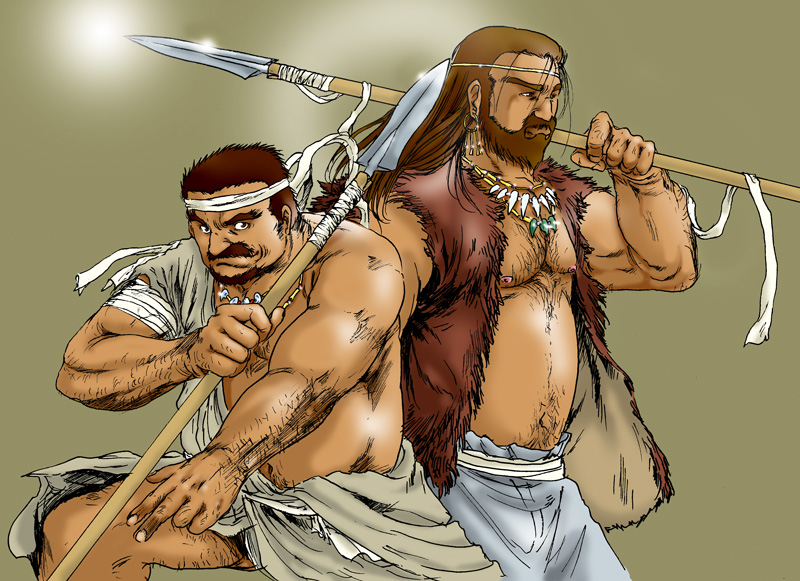 1990s_(style) 2boys abs arm_hair bandaged_arm bandages bara bare_pectorals beard belly brown_hair caveman check_copyright chest_hair copyright_request dark-skinned_male dark_skin earrings facial_hair feet_out_of_frame forked_eyebrows frown fumi_(humimiyabi) fundoshi glint goatee hadanugi_dousa hairy headband holding holding_polearm holding_weapon japanese_clothes jewelry kimono large_pectorals leg_hair long_hair looking_at_viewer male_focus male_underwear male_underwear_peek mature_male multiple_boys muscular muscular_male navel navel_hair necklace nipples old old_man open_clothes open_kimono original pants pectorals plump polearm retro_artstyle short_hair sideburns spear spread_legs standing stomach thick_mustache thick_thighs thighs tooth_necklace underwear weapon white_male_underwear