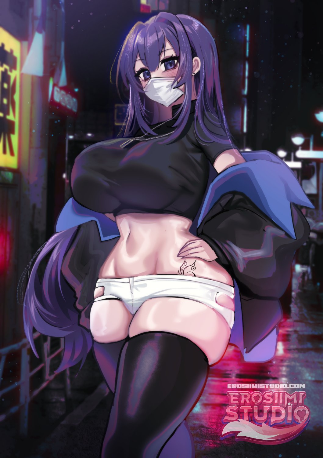 1girl artist_logo black_coat black_skirt black_thighhighs borrowed_character breasts city city_lights coat contrapposto cowboy_shot crossed_legs hand_on_own_hip highres jacket jewelry large_breasts light long_hair looking_at_viewer mask mouth_mask navel necklace neon_lights night night_sky off-shoulder_jacket off_shoulder open_clothes open_jacket original osiimi purple_eyes purple_hair railing shirt shorts skirt sky t-shirt tattoo thighhighs white_shorts yuna_(biya_(1024))